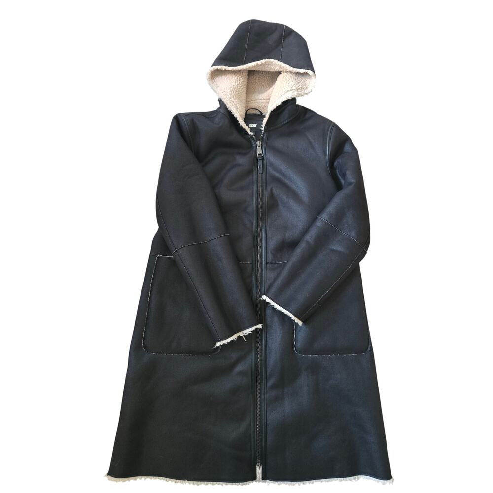 DKNY Black Faux Shearling Hooded Coat Jacket Size Large L